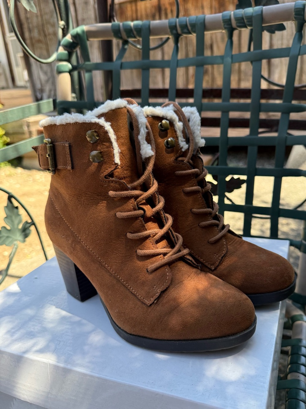 Tan Faux-Suede Lace-Up Ankle Booties with Shearling Trim